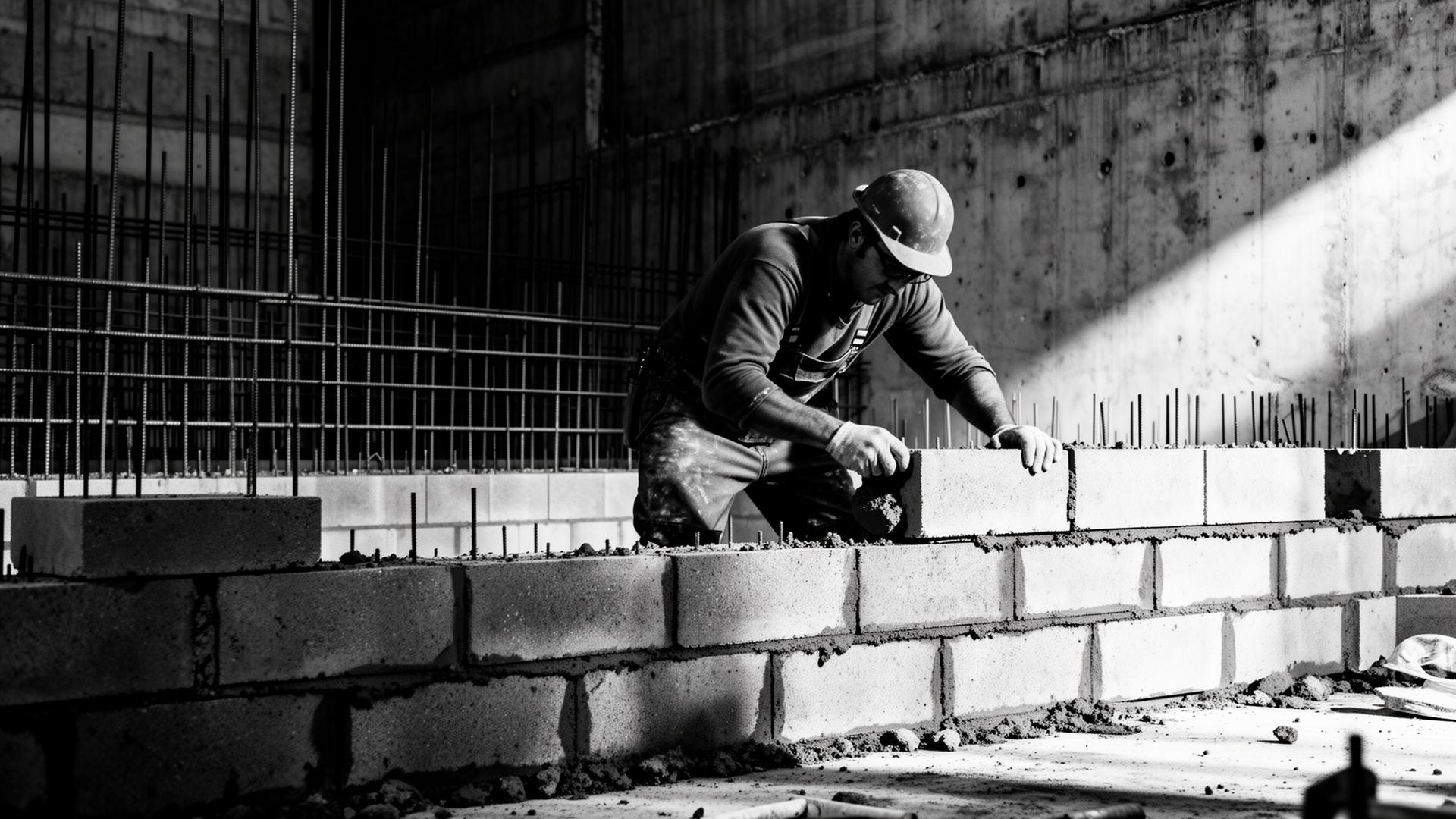 Chantier de maçonnerie à Thonon-les-Bains, mur en parpaing